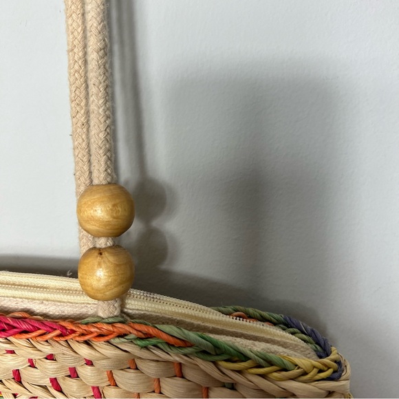Vintage Straw Bag Purse Handbag Woven Colorful Wooden Beads - Picture 3 of 9